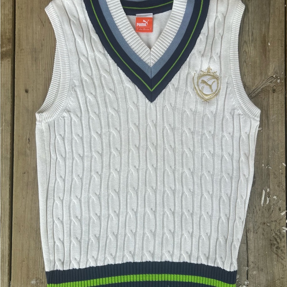 Puma Cricket Golf Cable Knit Sweater Vest Mens S Logo Y2K Prep heritage sport